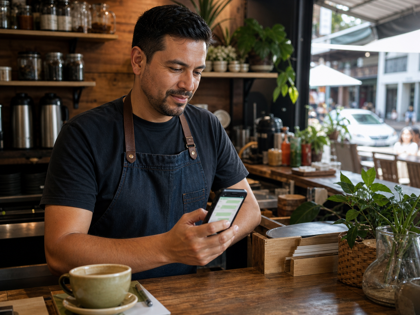 Dueño de restaurante colombiano revisando consultas de pedidos por WhatsApp en su celular dentro de una cafetería cálida.