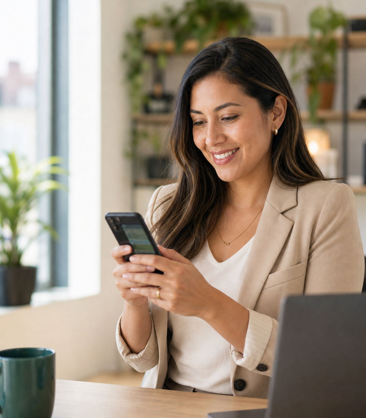 Empresaria colombiana sonriendo mientras revisa mensajes de clientes en su celular en una oficina iluminada.